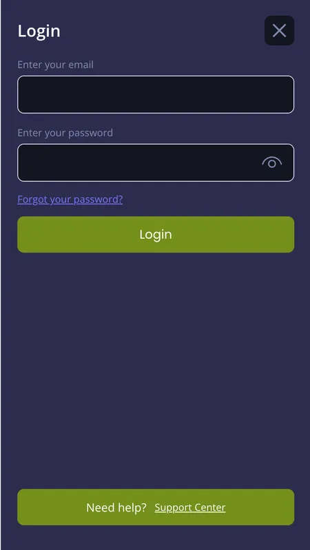 Jazzy Spins login screen with email, password fields and forgot password link