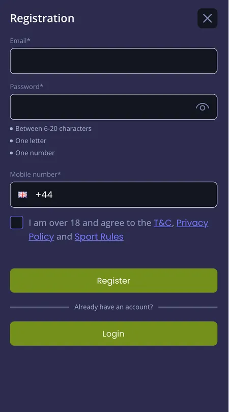 Jazzy Spins registration screen with email and password fields